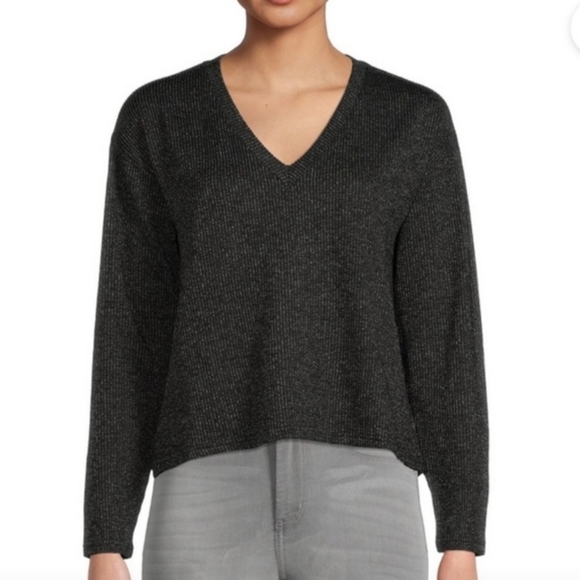 Time & Tru. Size L Grey & Black Ribbed Long Sleeve Pullover V-Neck Knit Top - Picture 1 of 16